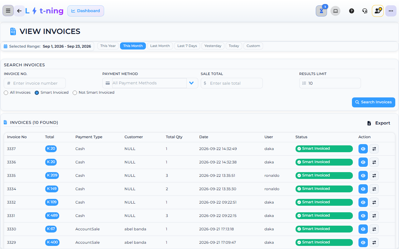 Core App View Invoices (Customer Management) screen — demo store.