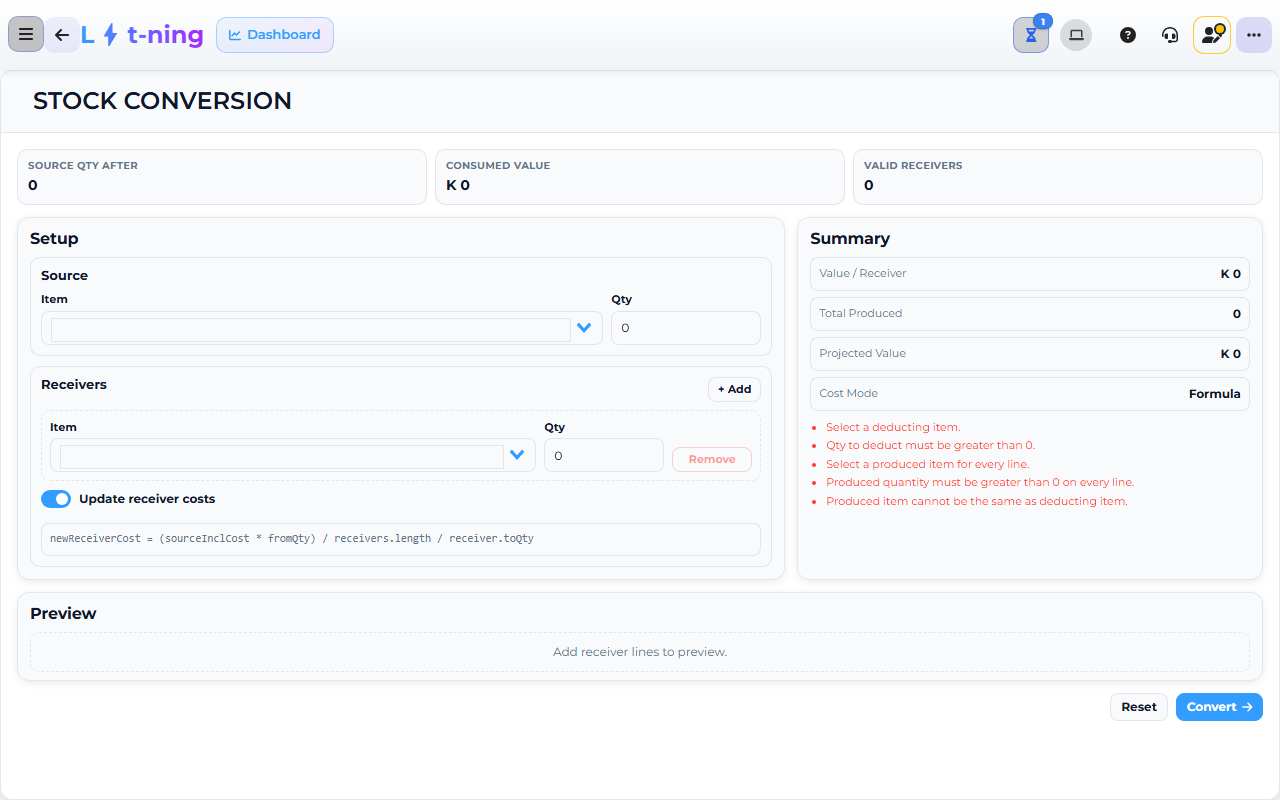 Core App Stock Conversion screen — demo store.